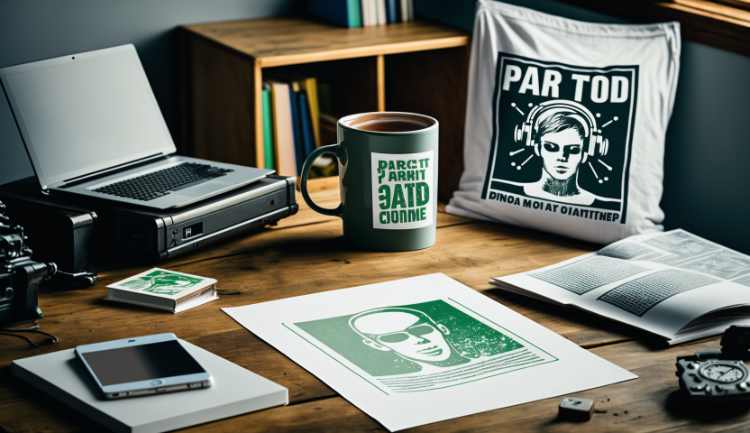 examples of Print On Demand products (mug, cushion, books, etc.) on a desk with a laptop