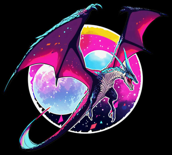 Pterodactyl flying in outer space with black background