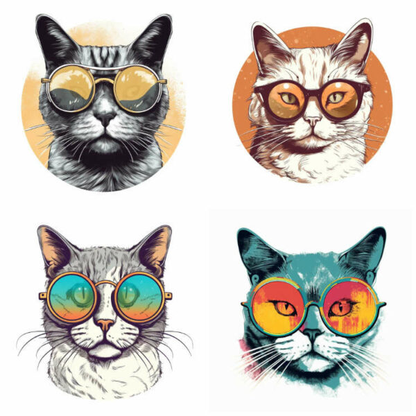 4 options of a cute cat wearing large sunglasses