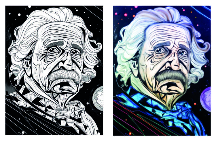 coloring page featuring a portrait of Albert Einstein