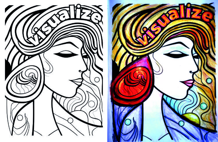 coloring page of a girl visualizing